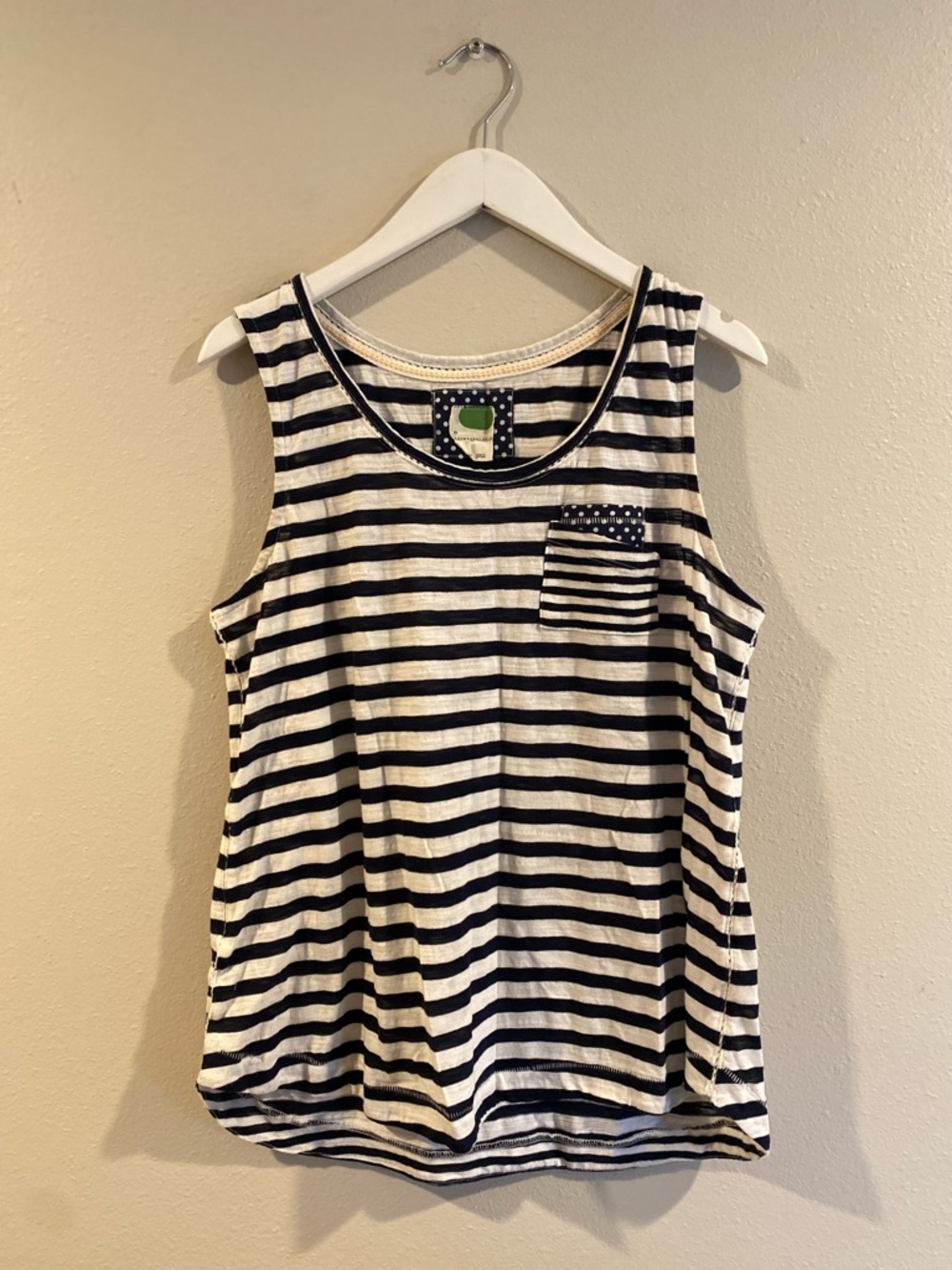 Anthropologie Blue & White Striped Tank Top with Polka Dot Pocket - Size L - Picture 2 of 10